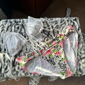 White Fringe Bikini with Floral and Leopard Print